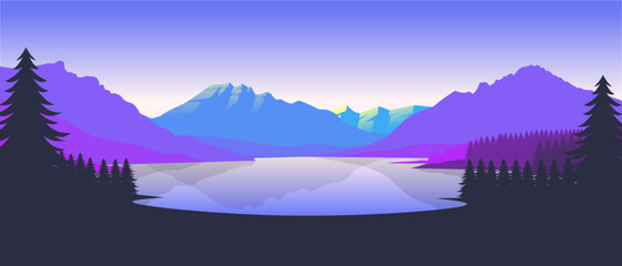 Colorful mountain landscape wallpaper in a minimalist flat design style. Minimalist beauty background for desktop and wallpaper