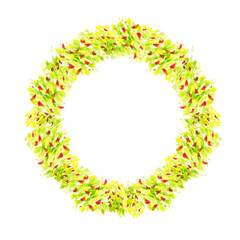 Abstract hand drawn watercolor round frame wreath with yellow red and green brush strokes on white background.