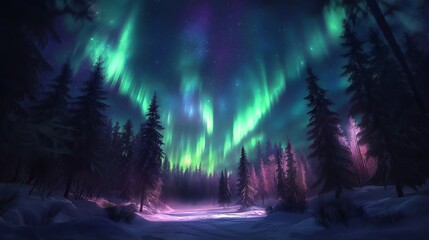 Fototapeta premium A mesmerizing display of the Northern Lights dancing across the night sky, in shades of green, blue, and purple. Below, a snow-covered forest stands illuminated by the soft glow of the aurora