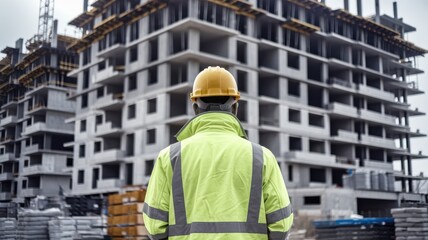 Construction worker observing building progress on a cloudy day.