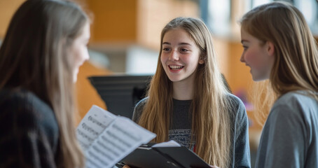Three students engage in a lively discussion about music theory during a choir rehearsal in a school setting