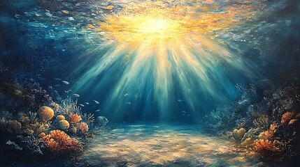 Obraz premium Underwater scene with sunlight and coral reefs