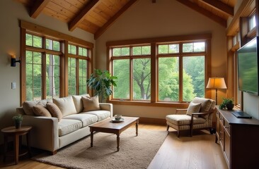 Fototapeta premium inviting living room filled with natural light streaming through numerous large windows, furnished with a comfortable couch