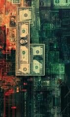 Dollar bills on a digital background.