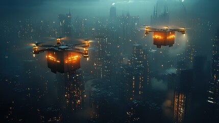 Futuristic drones delivering packages in a cyberpunk city, Futuristic cityscapes at night with glowing buildings