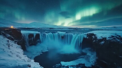 Fototapeta premium A wonderful night with Kp 5 . Northern lights The Godafoss is a waterfall in Iceland.