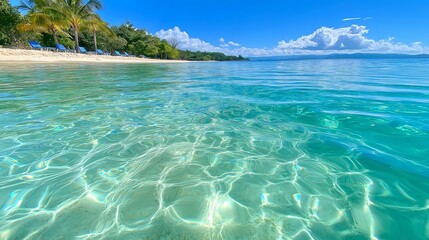 Crystal clear turquoise water gently lapping against a white sand beach. 