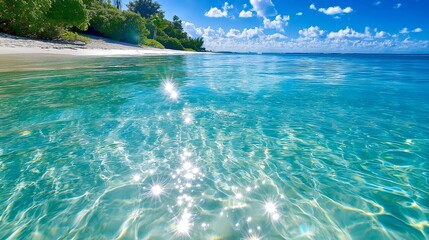 Crystal clear turquoise water gently lapping against a white sand beach. 