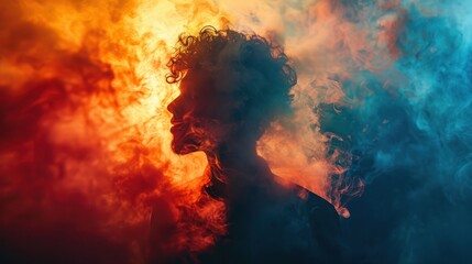 Fototapeta premium A silhouette against a backdrop of colorful smoke, blending shadow and light for a dramatic effect