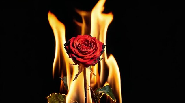 A red rose in flames against a black background. The brightly colored petals and orange and yellow flames stand out against the dark background.