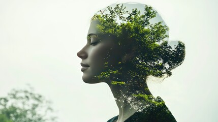 A woman's profile is superimposed with a lush green tree, symbolizing a connection to nature and peace.