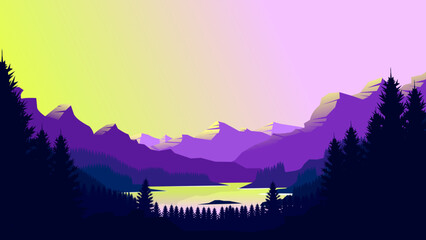 Purple mountain landscape wallpaper in a minimalist flat design style. Minimalist beauty background for desktop and wallpaper