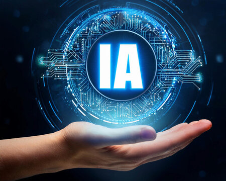 a hand holding logo of IA, concept of  Artificial Intelligence and technology
