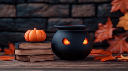 Halloween decor with a spooky cauldron, pumpkin, and autumn leaves.