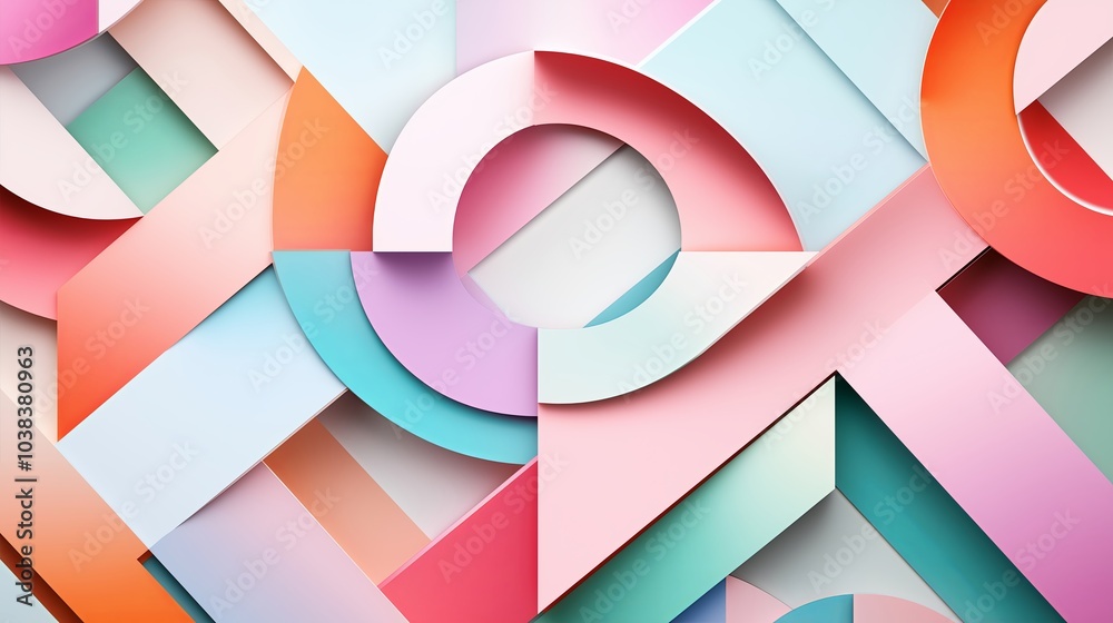 Poster a modern, clean wallpaper featuring a collection of overlapping geometric shapes in soft pastel tone