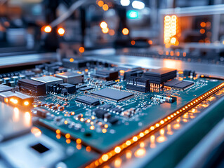 Modern electronics manufacturing facility showcasing advanced machinery and circuit boards. image captures intricate details of production process, highlighting technology and precision