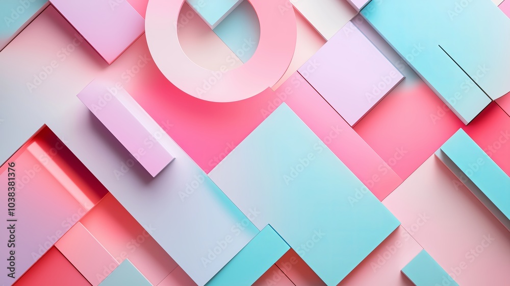 Poster a modern, clean wallpaper featuring a collection of overlapping geometric shapes in soft pastel tone