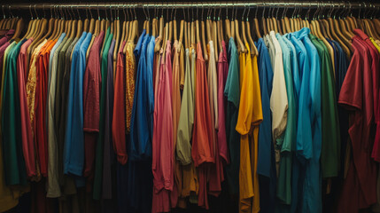A vibrant collection of color-coordinated clothes hanging in a closet, showcasing a diverse range of hues and styles
