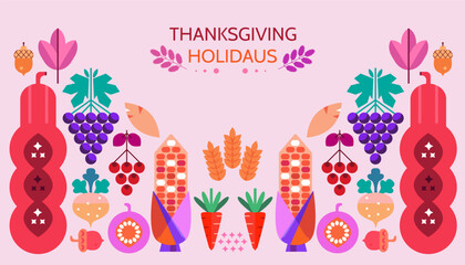Happy Thanksgiving Day- template Greeting card with decorations of leaves, pumpkins, sunflower, berry, family dinner of nature.Vector flat icon illustration