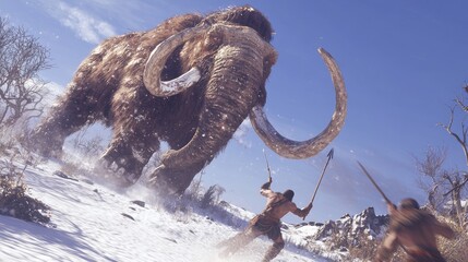 Naklejka premium Epic Ice Age Hunt: Prehistoric Humans Hunting Giant Woolly Mammoth on Snowy Plain