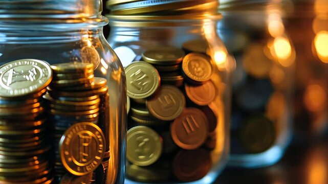 Various jars filled with shimmering coins are displayed on a wooden surface, illuminated warmly by ambient light, creating a tranquil atmosphere