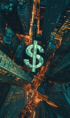 Fototapeta premium Aerial view of city street with dollar sign.