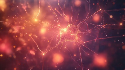 A microscopic view of a glowing neuron with dendrites reaching out like branches, against a background of abstract lights.