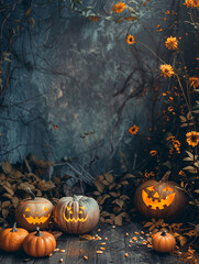 Black Halloween background with pumpkin and tree. Abstract grunge wallpaper for design holiday party