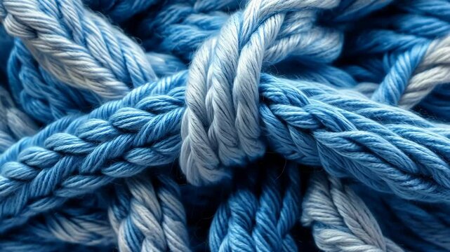 Close-up of blue and white braided rope, showing the texture and detail of the material