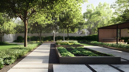 Obraz premium A minimalist garden featuring clean geometric shapes, smart irrigation, and solar energy