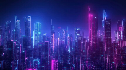Fototapeta premium A futuristic cityscape with tall skyscrapers illuminated by neon lights, creating a vibrant and colorful night scene.