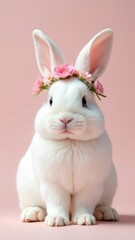Obraz premium Fluffy white rabbit with a crown of flowers. Pet with long ears on a pink background. Studio shot of a rabbit.