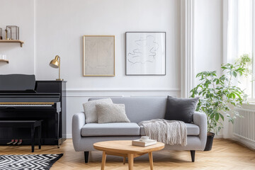 modern living room featuring stylish gray sofa adorned with decorative pillows, cozy throw, and wooden coffee table. space is brightened by natural light from large windows, complemented by piano and