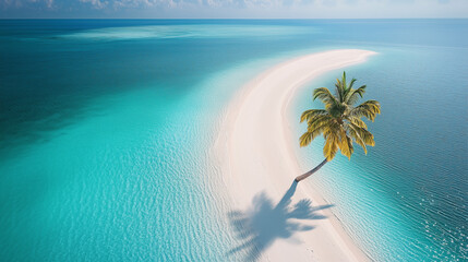 Ocean with a narrow sandbar stretching into crystal clear turquoise waters and a lone palm tree