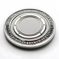 Close-up of a silver round coin with detailed edge on white background