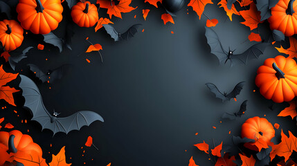 Halloween Bats and Pumpkins on Black Background.
