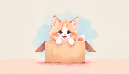 Fototapeta premium A joyful orange kitten smiling while peeking out of a cardboard box against a soft background