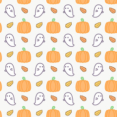 Printable halloween seamless pattern with cute ghosts, pumpkin and orange toned leaves