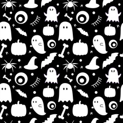 Halloween ghosts seamless pattern in black and white color tone with eye balls, bats, pumpkins, spiders, bones and witch hats in solid white