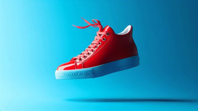 Bright red sneaker floating against a blue background. Concept of fashion, footwear, and modern design.