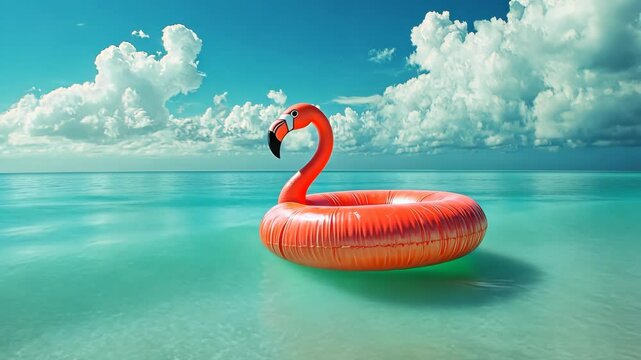 A pink flamingo float drifts in the turquoise water of a tropical beach on a sunny day