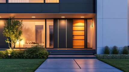 Obraz premium Modern house exterior with a wooden front door, illuminated by warm lights, surrounded by green grass and bushes.