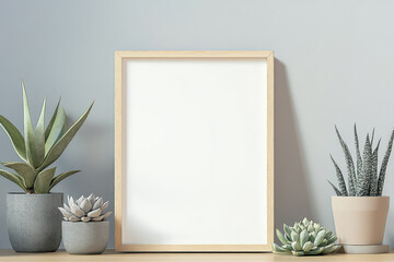minimalist display featuring blank wooden frame surrounded by various succulent plants. serene arrangement creates calming atmosphere, perfect for home or office decor