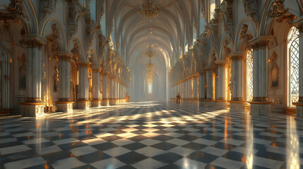 Fototapeta premium Grand Hall with Checkered Floor and Sunlight.