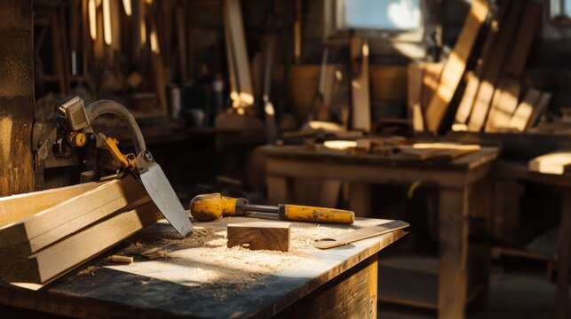 A rustic woodworking workshop with saws and timber, Carpentry equipment and wood pieces meticulously arranged, Vintage artisan style