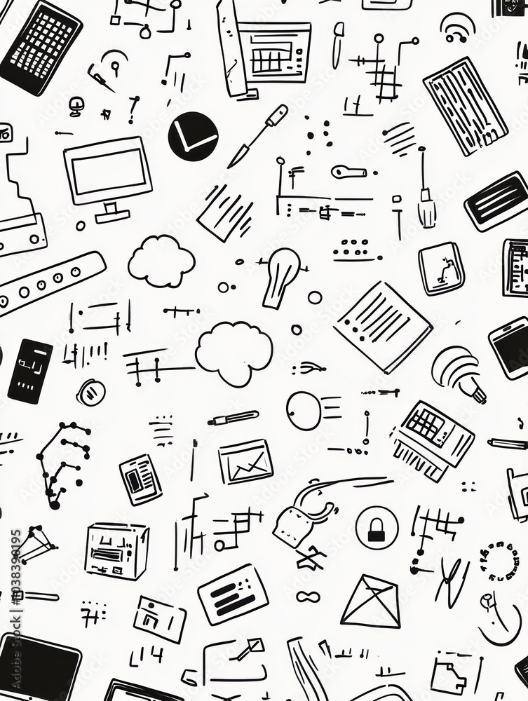 Poster this artwork features numerous hand-drawn doodles of technology items, including computers, smartpho