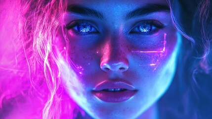 Futuristic portrait of a young beautiful girl from the future. Space, neon costume. Technological invasion and fashion style. Generative AI.