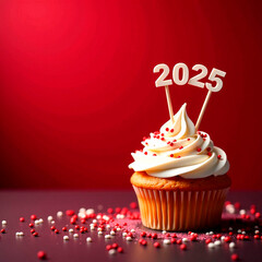 banner happy new year 2025 text card on red holiday background with cupcake