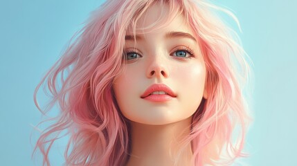 Obraz premium Portrait of a young beautiful happy girl with pastel pink hair on a pastel blue background. Generative AI.