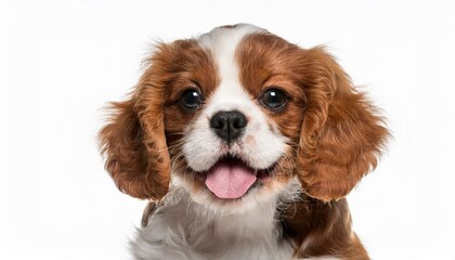 笑顔のキャバリア・キング・チャールズ・スパニエルの子犬のポートレート（Portrait of a smiling Cavalier King Charles Spaniel puppy on white background）
